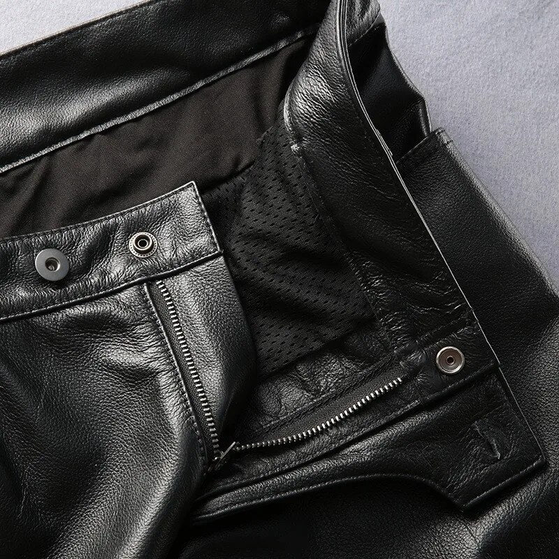 British Style Mens 2022 Winter New Genuine Leather Skinny Pants Biker Thick Black Casual High Quality Vintage Cowhide Pants