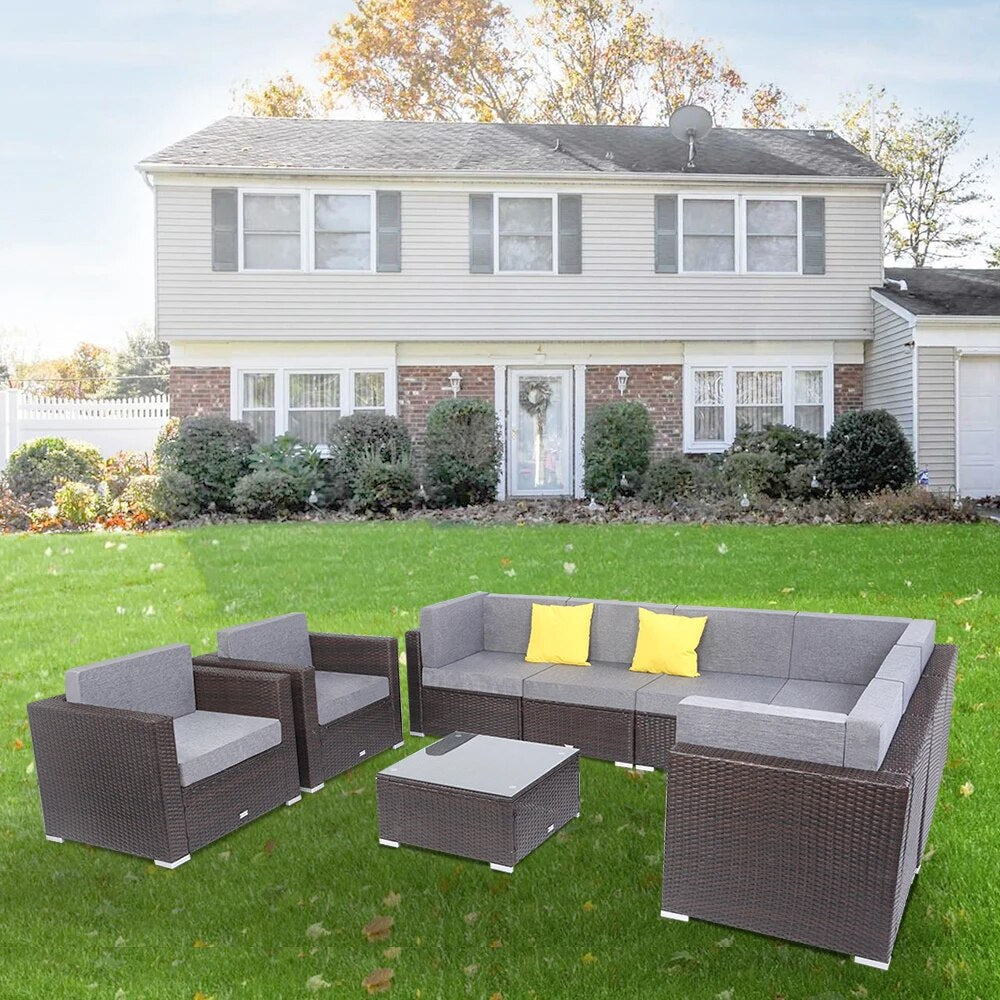 Two Styles US Warehouse 9 Pcs Outdoor Furniture Rattan Wicker Sofa Patio Couch Set  Outdoor Furniture Set