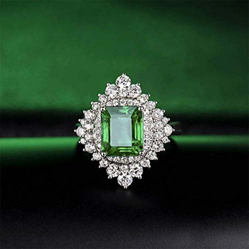 LOVERJEWELRY Emerald Ring 18Kt White Gold Natural Green Emerald Gemstone SI Diamonds Wedding Engagement Emerald Rings For Women