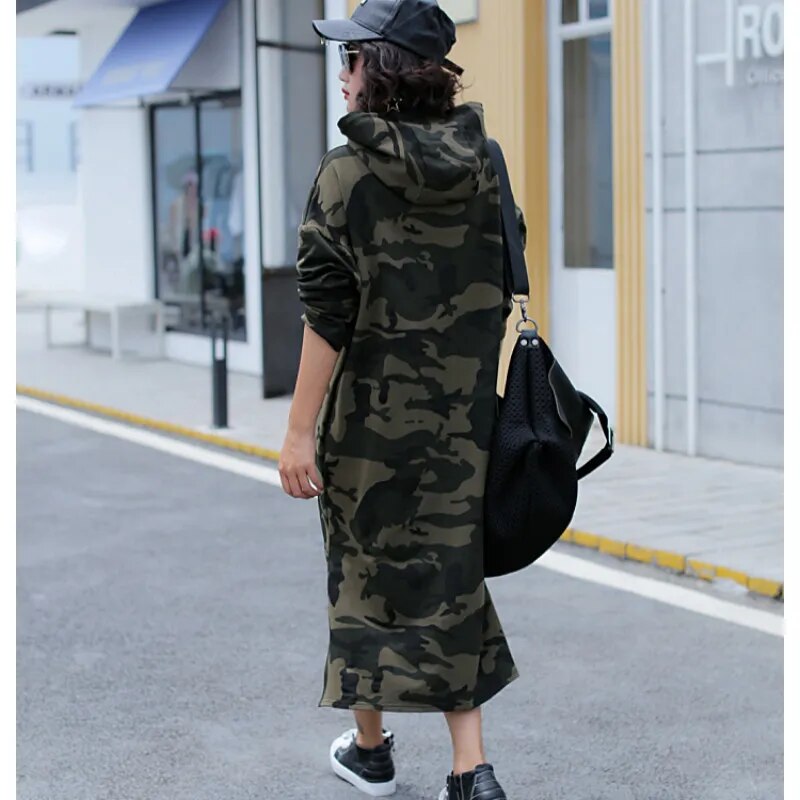 Autumn Basic Hooded Dress Sweatshirts Women Korean Fashion Camouflage Hoodies New Long Outwear Split Casual Pullover Vestido