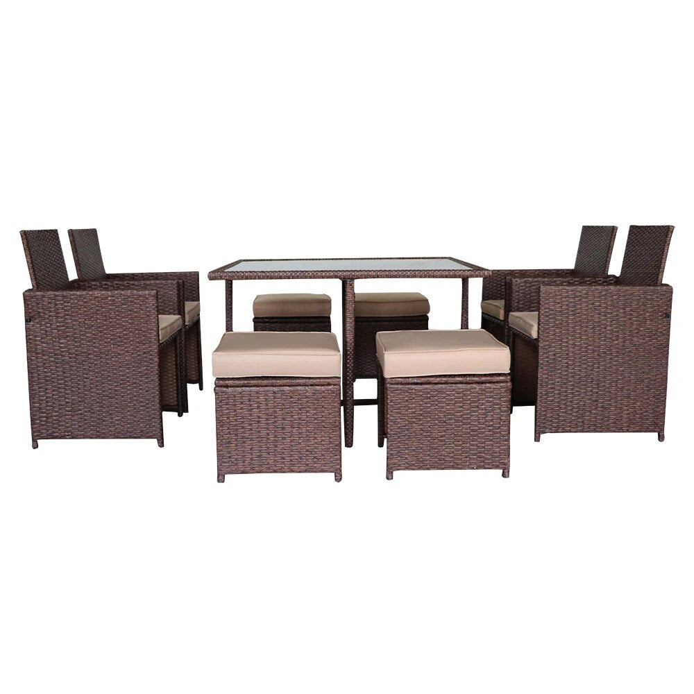 US Warehouse9 Pieces Wood Grain PE Wicker Rattan Dining Ottoman with Tempered Glass Table Patio Furniture Set Outdoor  Furniture