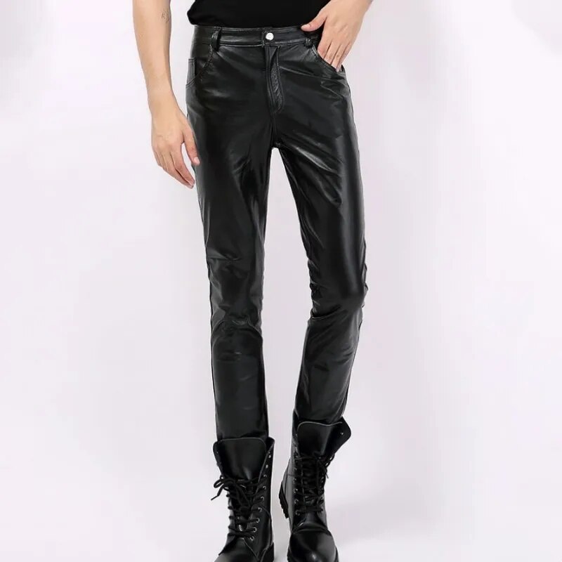 Classic Solid Color Men Genuine Leather Cowhide Motorcycle Pants Autumn Winter Skinny Pencil Pants Streetwear Punk Mens Trousers