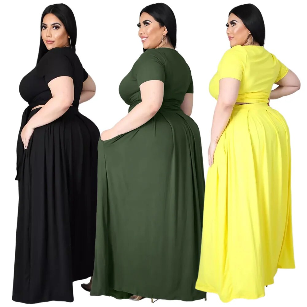 Plus Size Outfits for Women 4xl 5xl Fashion Round Collar Solid Color Bandage Swing Two Piece Set Skirts Wholesale Dropshipping