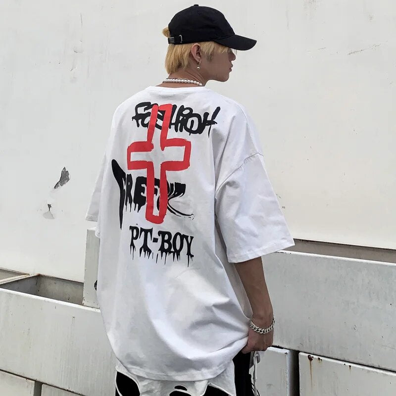 Aolamegs T-shirt Men Retro Esthetics Boy Painting Print Men's Tee Shirts Casual O-neck High Street Tee Fashion Summer Streetwear