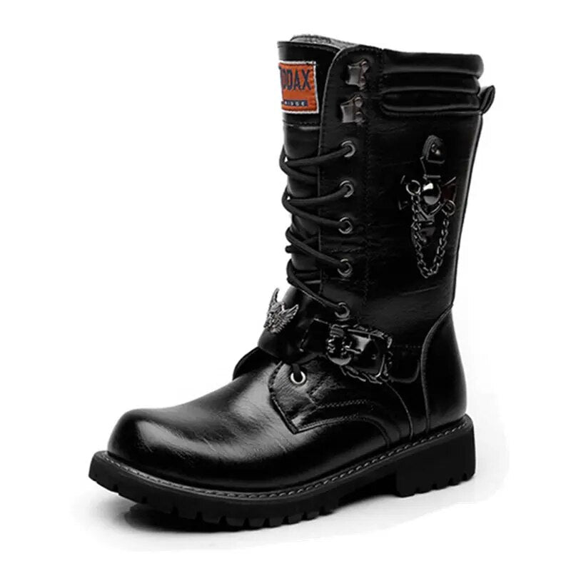 ZERO MORE Brand Army Boots Men Chain Military Mens Boots Skull Metal Buckle Lace Up Male Motorcycle Punk Boots Men's Shoes Rock