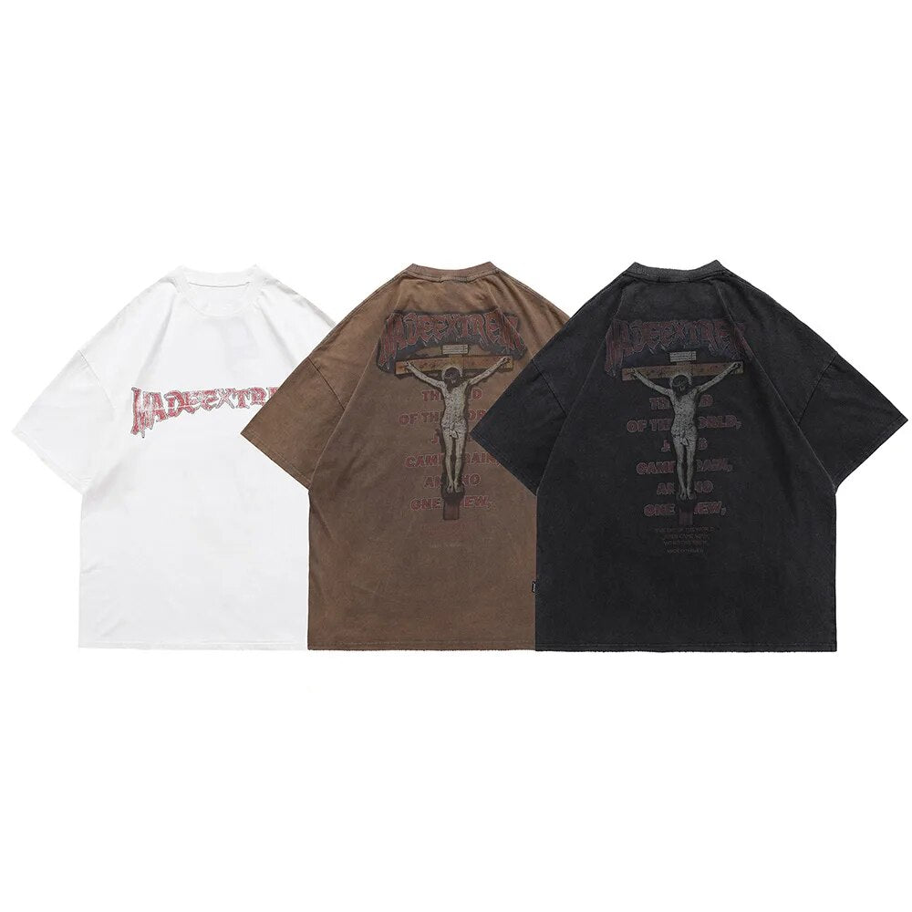 Aolamegs Men's Tee Shirts Ancient Culture Letter Print Distressed T Shirt Men Loose Retro High Street Hip Hop Streetwear Summer