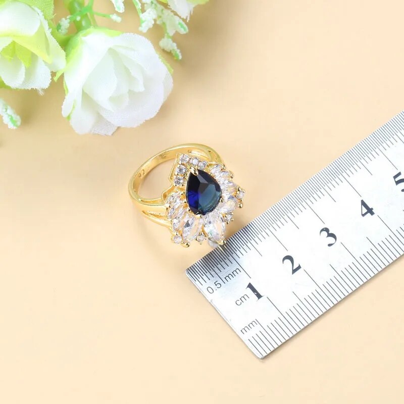 African Jewelry Sets Dubai Yellow Gold Color Wedding Accessories Blue Cubic Zirconia 6-Colors Bracelet And Ring Sets
