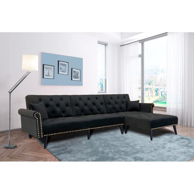 Living Room Furniture Sets, L-Shape Upholstered Sectional Futon Sofa Bed with Modern Velvet Sofa for Living 115x59.37x32.2 in