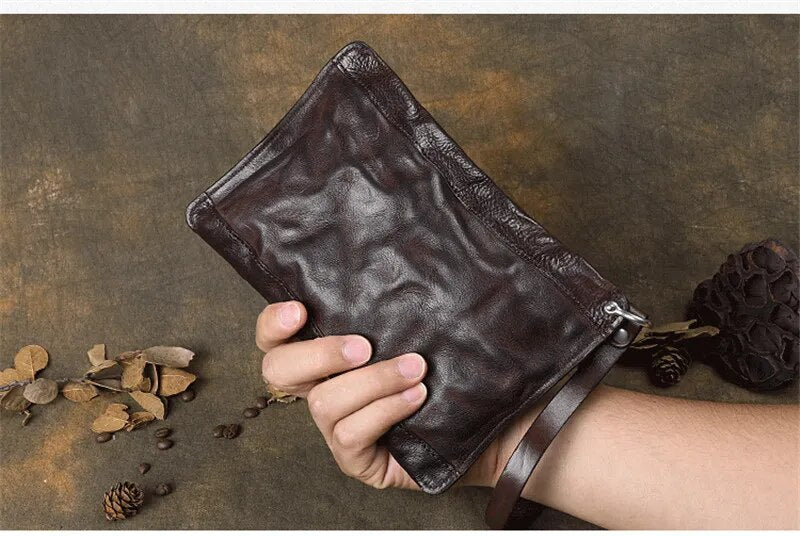 Original retro genuine leather men's long zipper clutch bag fashion natural high quality first layer cowhide teens phone wallet