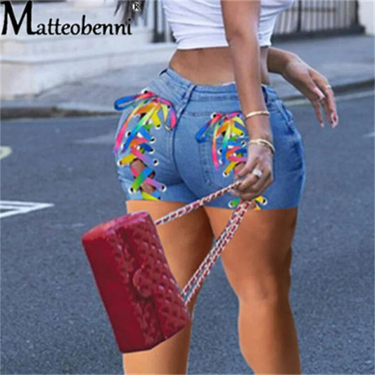 Criss-Cross Colorful Lace Up Hollow Out High Waist Jeans Women Denim Shorts 2021 Sexy Fashion Casual High Street Ladies Shorts
