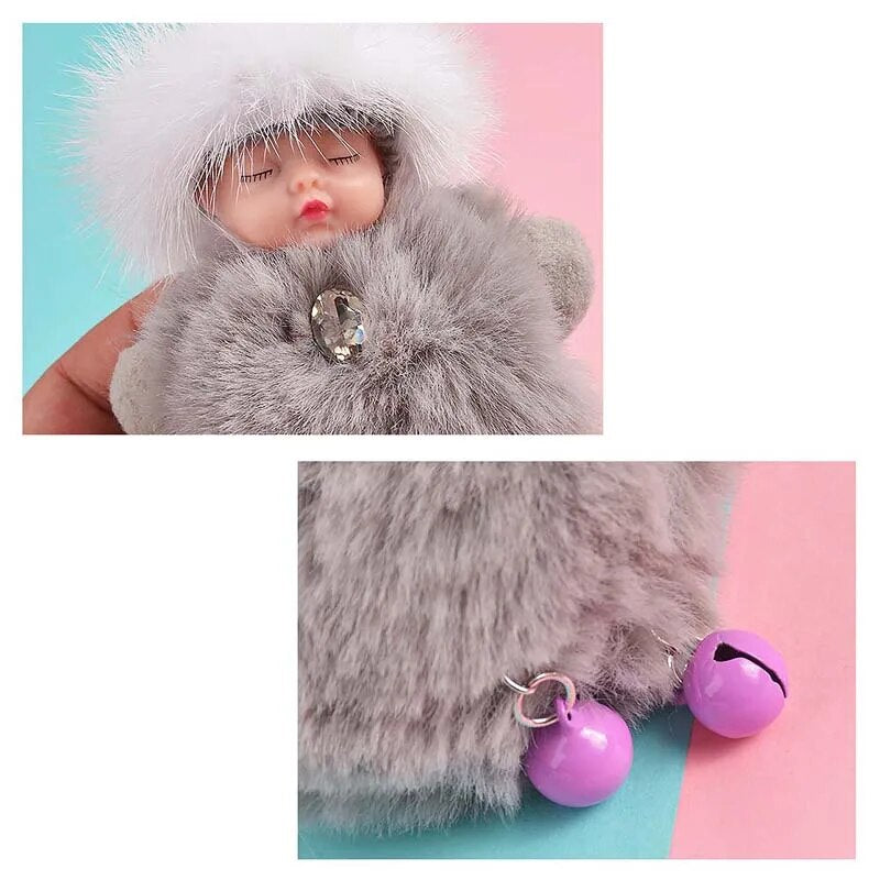 New Pompom Sleeping Baby Keychain Cute Fluffy Plush doll Keychains Women Girl Bag Keyrings Car Key Ring Jewelry Gift porte clef