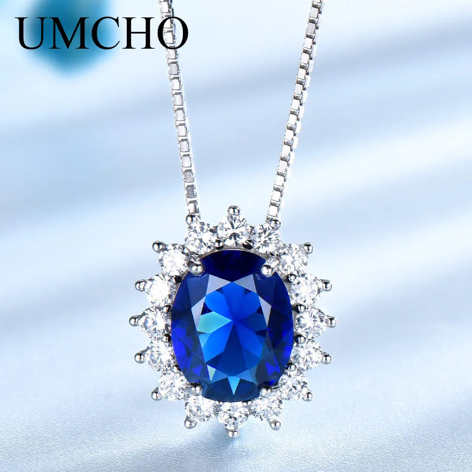 UMCHO Blue Sapphire Necklaces Pendants Princess Diana Genuine 925 Sterling Silver Gemstone Pendant for Women Wedding Party Gift