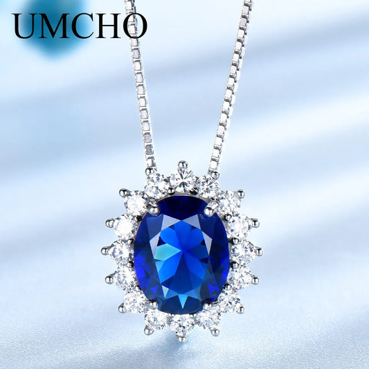 UMCHO Blue Sapphire Necklaces Pendants Princess Diana Genuine 925 Sterling Silver Gemstone Pendant for Women Wedding Party Gift
