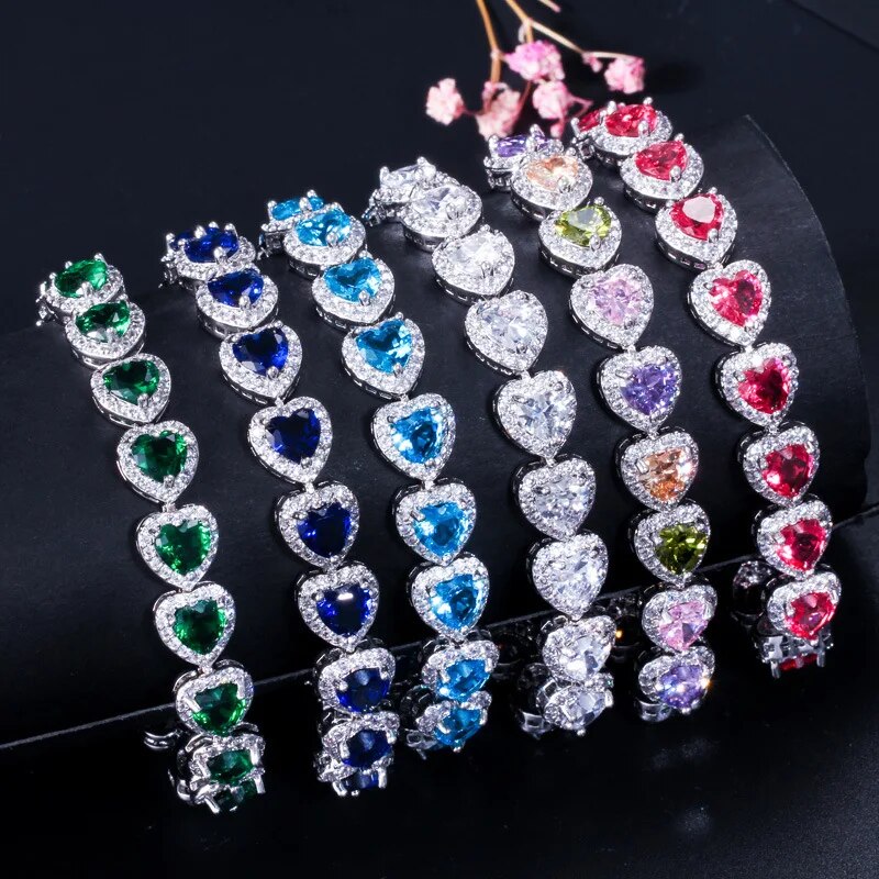 Endearing Cute Small Heart Bracelet with Multicolor AAA Zircon Silver Women Jewelry for Girlfriends Gifts