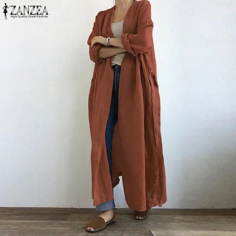 ZANZEA 2023 Women's Casual Blouse Vintage Autumn Cotton Long Cardigan Long Sleeve Coats Female Solid Blusas  Tunic