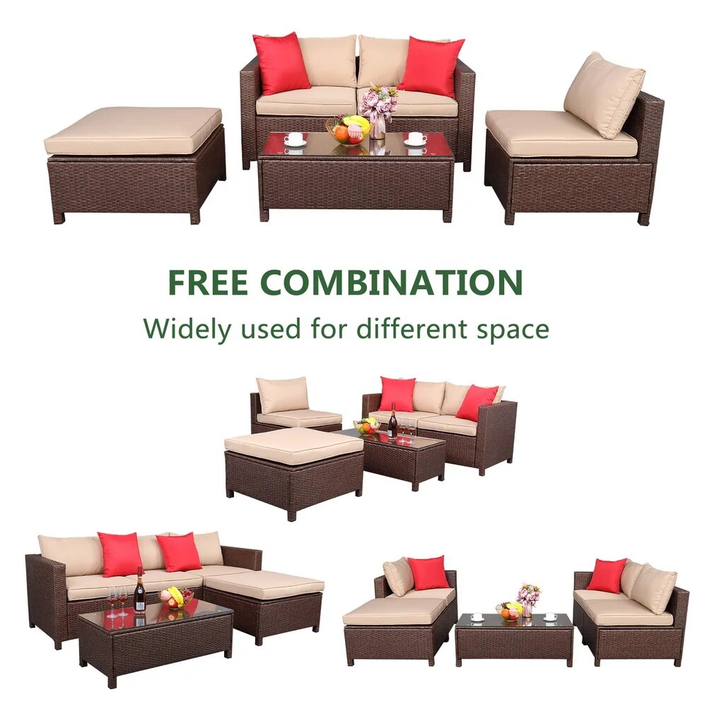 5Pcs Patio Furniture Set Rattan Sofa Hanging Legs 2 Corners 1 Sofa Without Armrests 1 Foot Drag 1 Rectangular Coffee Table Brown