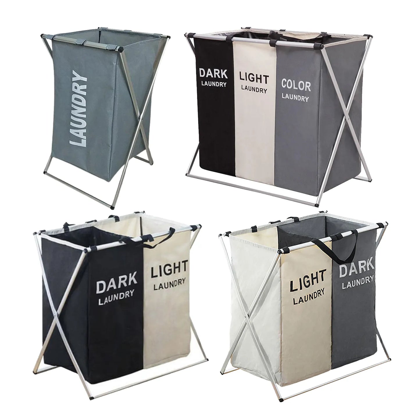 Laundry Hamper Sorter Aluminum  Basket with 3 Section, Thick Cotton & Linen, Mesh Bundle Pocket with Handles Collapsible