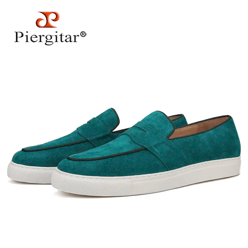 Piergitar 2021 Men Sneakers Green Color Suede Men's Vulcanize Shoes Handmade Male Penny Loafers Wihte Bottom Man Flats