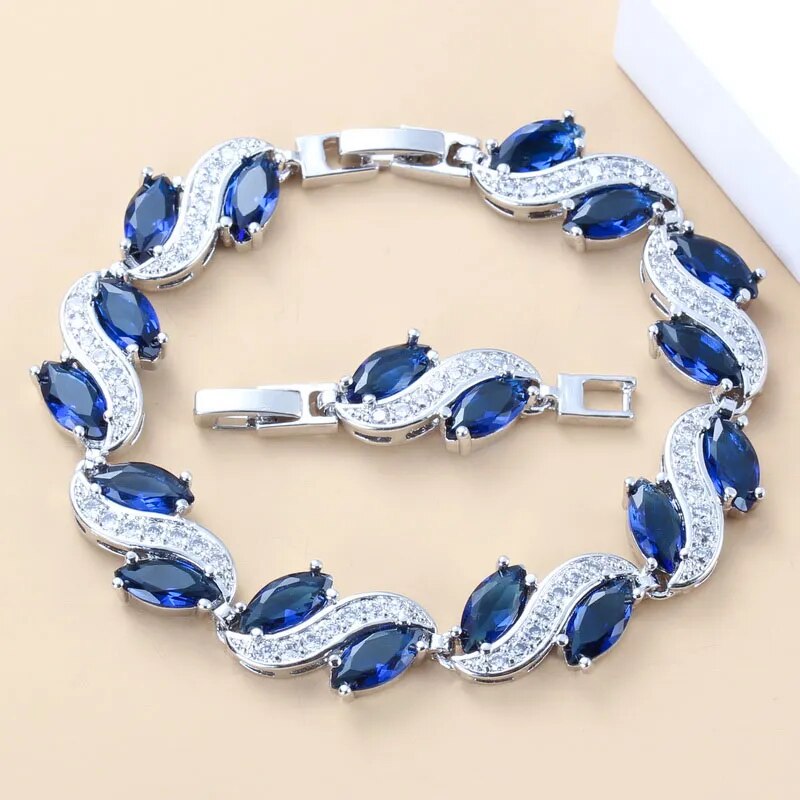 925 Mark Wedding Accessories Women Bridal Jewelry Sets With Natural Stone CZ Blue Bracelet And Ring Sets Free Gift Box