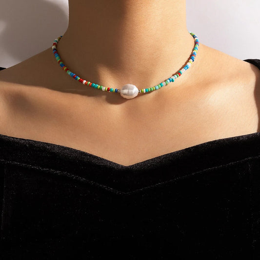 Tocona Colorful Beaded Necklace for Women Charms Luxury Pearl Stone Chain Choker Handmade Ajustable Boho Jewelry Collar 18238