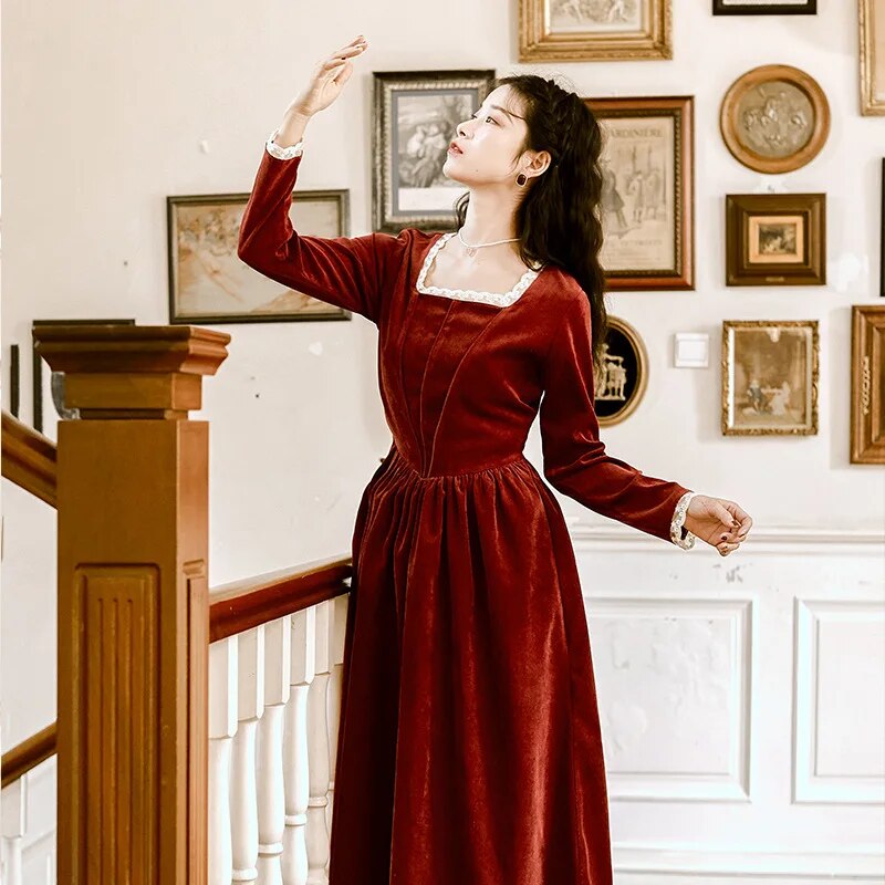 2019 new fashion women's clothing Autumn and winter vintage dress Square Collar