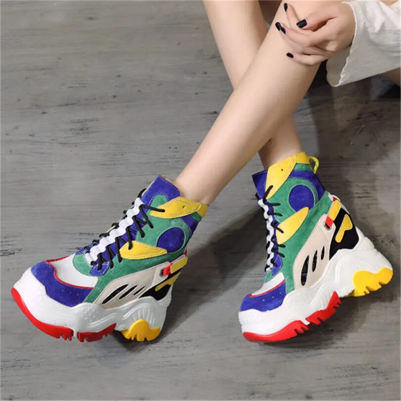 Punk Goth Creepers Women Lace Up Genuine Leather Wedges High Heel Ankle Boots Female High Top Chunky Platform Fashion Sneakers