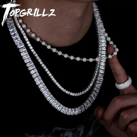 TOPGRILLZ Necklace 10mm22‘’ Baguette Necklace with 6mm18‘ ’Ball Chain Choker with 4mm20‘’ Tennis Chain Hip Hop Jewelry