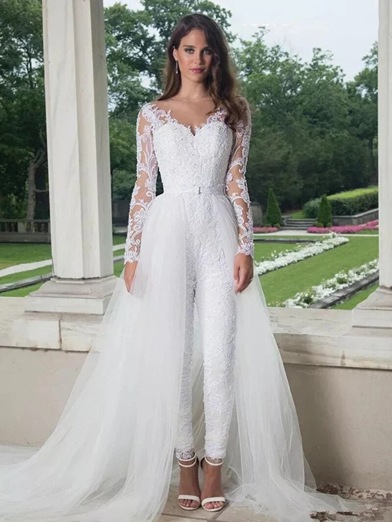 Long Sleeve Jumpsuit Wedding Dresses With Detachable Train 2021 Lace Appliques Tulle Pants Suit Bridal Gown Button Back Elegant