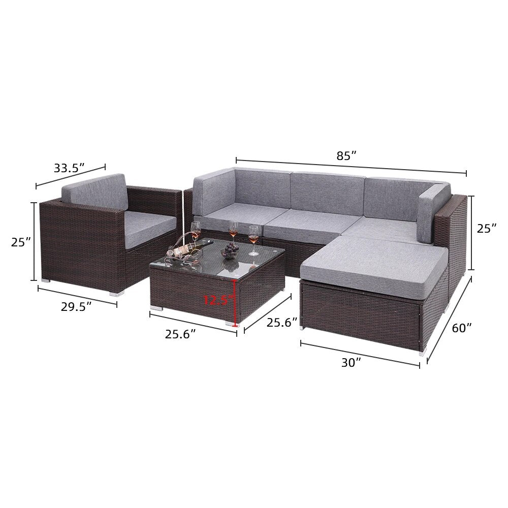 US Warehouse 6 Pieces Patio PE Wicker Rattan Corner Sofa Set Patio Furniture  Set for Garden and Outdoors