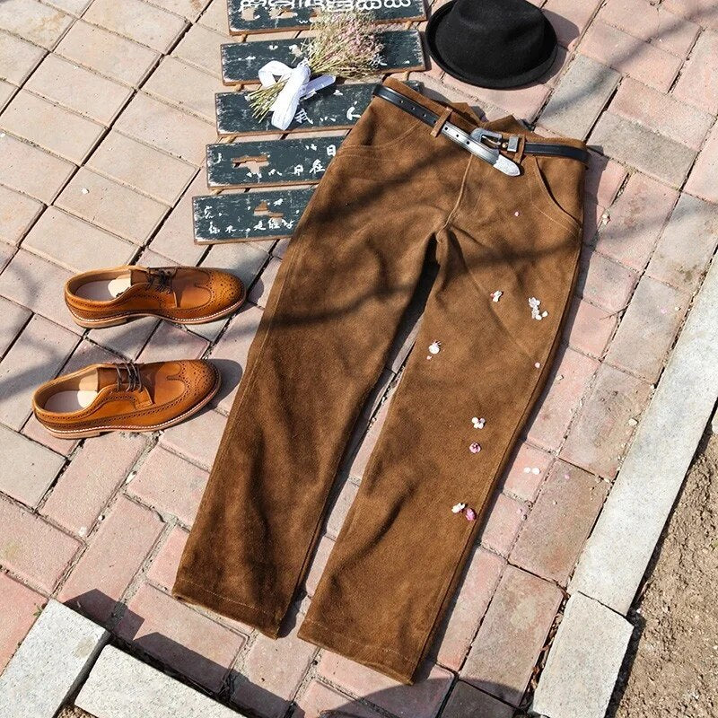 Spring Mens Autumn New 2022 Solid Vintage Biker Straight Pants British Style Fashion Brown Casual High Quality Male Pants