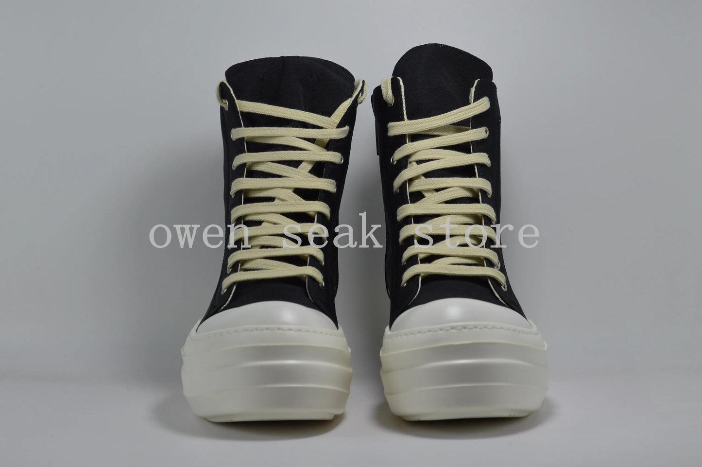Owen Seak Men High-TOP Double Platform Heels Sneakers Lace Up Women Canvas Casual Boots Height Increasing Zip Flats Black Shoes