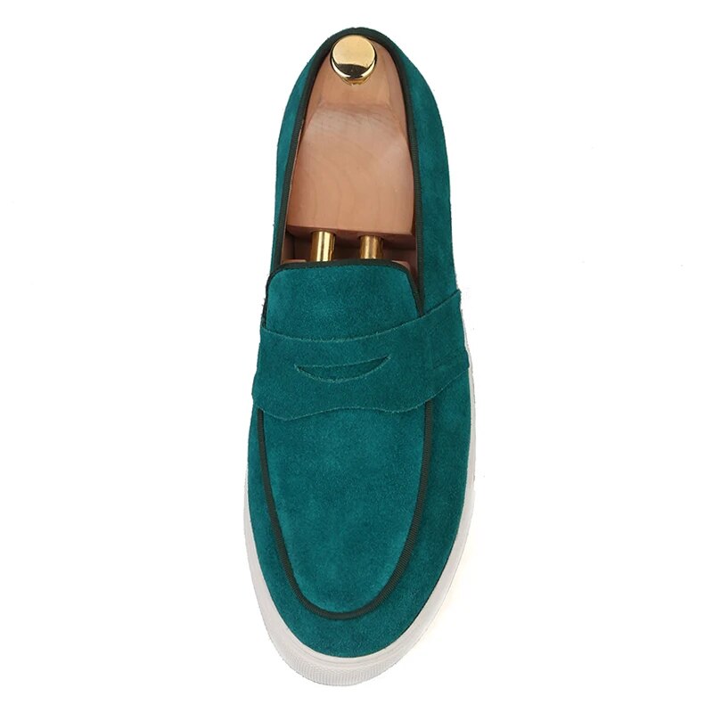 Piergitar 2021 Men Sneakers Green Color Suede Men's Vulcanize Shoes Handmade Male Penny Loafers Wihte Bottom Man Flats