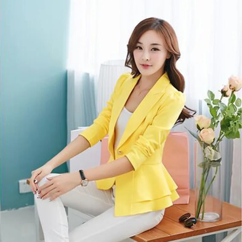 Fashion Hot  New Women Blazers And Jackets Song-sleeve Slim Blazer Ruffle Short Blazer Design Candy Color Outerwear & Coats - KAISERINC