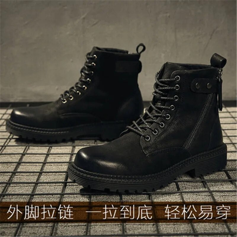 High-rise leather boots  soft leather boots  boots  boots  zipper boots  winter men's shoes black boots.