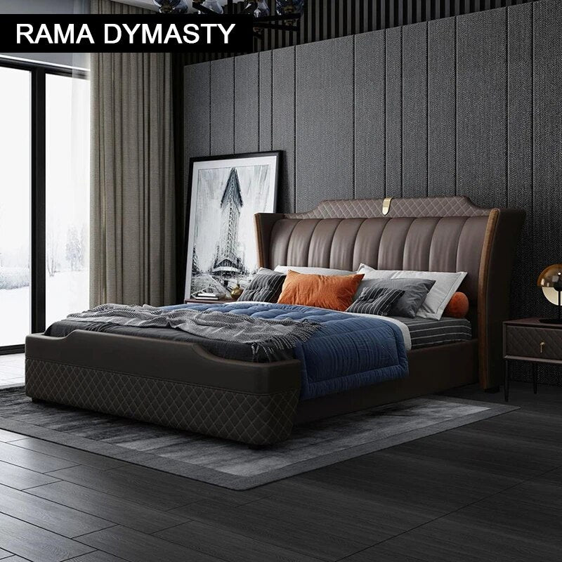 RAMA DYMASTY genuine leather soft bed modern design bed/ fashion king/queen size bedroom furniture