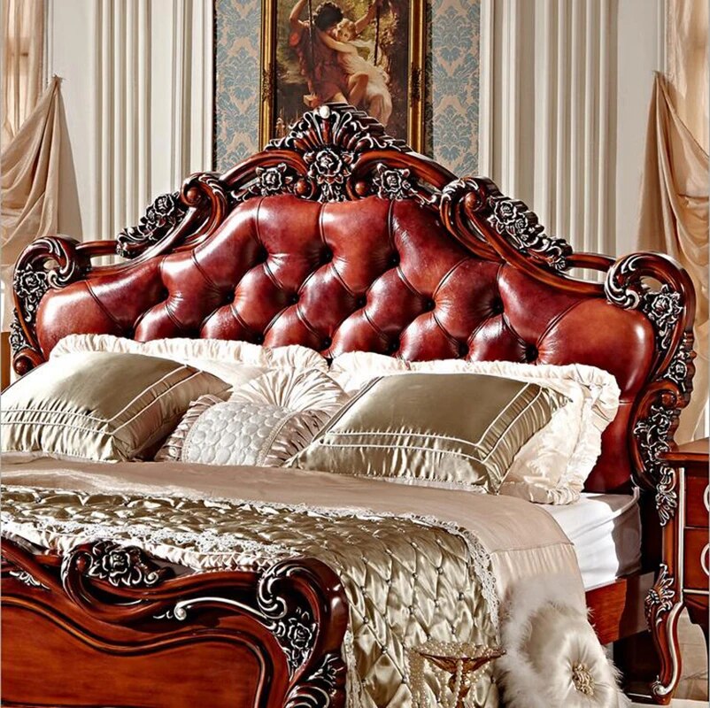 King Size Modern European Solid Wood Bed 2 People Fashion Carved  1.8 m French Bedroom Furniture 6590