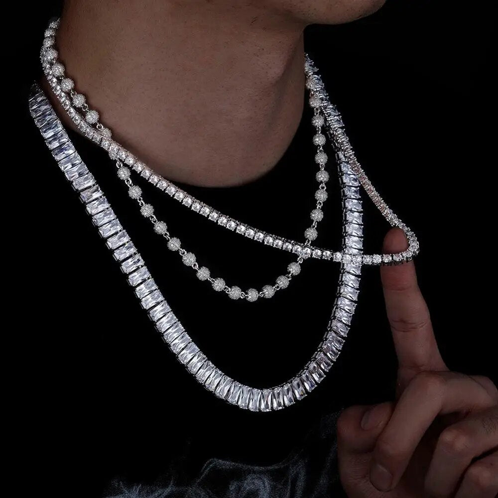 TOPGRILLZ Necklace 10mm22‘’ Baguette Necklace with 6mm18‘ ’Ball Chain Choker with 4mm20‘’ Tennis Chain Hip Hop Jewelry