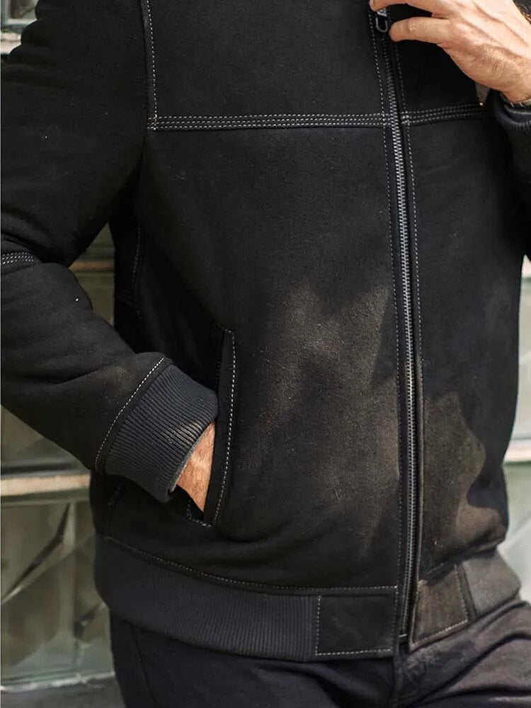 New Mens Shearling Coat Black Leather Jacket Short Fur Overcoat Baseball Uniform Warmest Winter Outwear