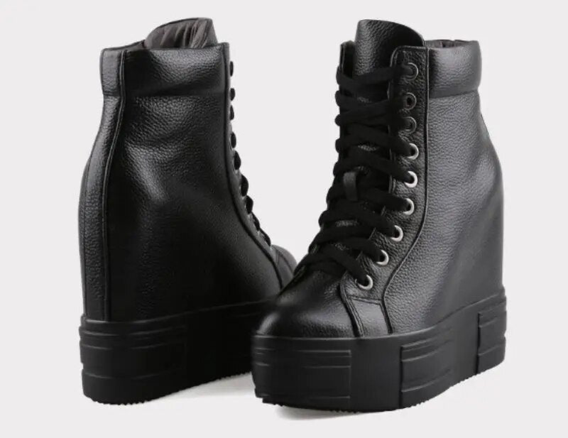Cyabmoz Genuine Leather Height increasing Shoes Women Wedge Platform Casual Sneakers Hidden High heels Party Ladies Black Shoes