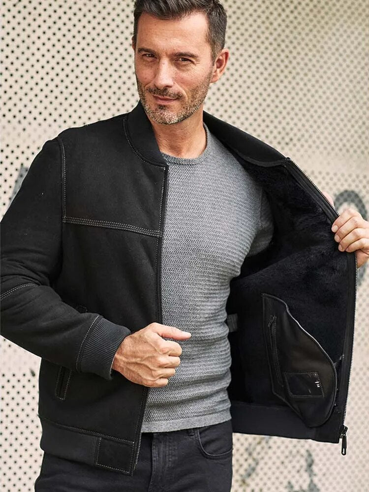 New Mens Shearling Coat Black Leather Jacket Short Fur Overcoat Baseball Uniform Warmest Winter Outwear