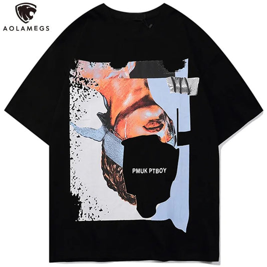 Aolamegs T-shirt Men Retro Esthetics Boy Painting Print Men's Tee Shirts Casual O-neck High Street Tee Fashion Summer Streetwear