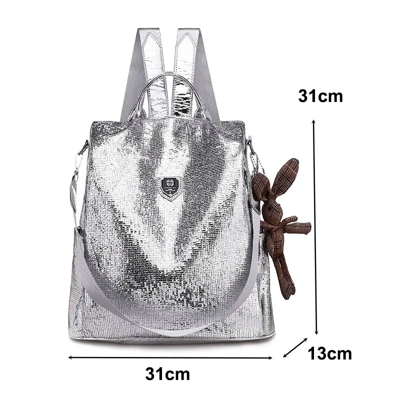 Toposhine 2023 New Casual Women Backpacks PU Leather Anti-Theft Black Backpack Girls School Shoulder Bag With Bunny Black/Silver