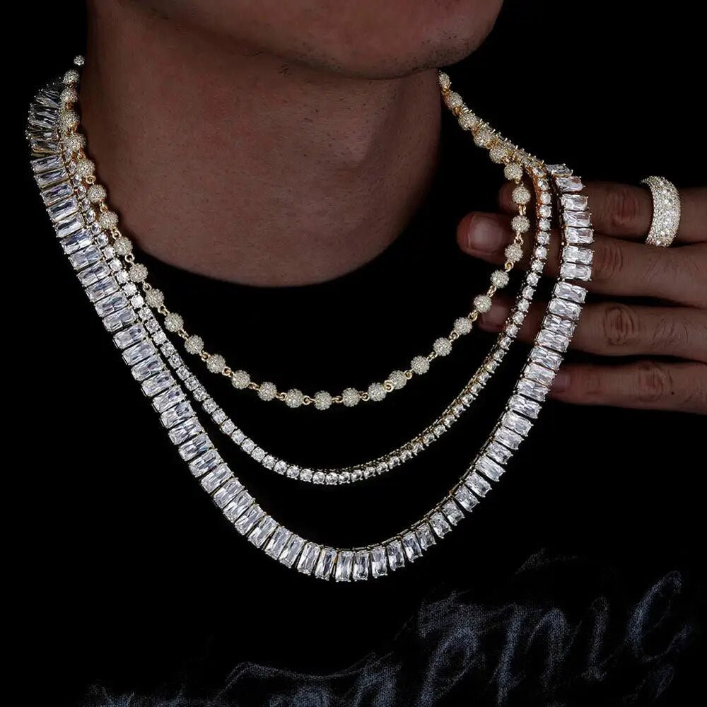 TOPGRILLZ Necklace 10mm22‘’ Baguette Necklace with 6mm18‘ ’Ball Chain Choker with 4mm20‘’ Tennis Chain Hip Hop Jewelry