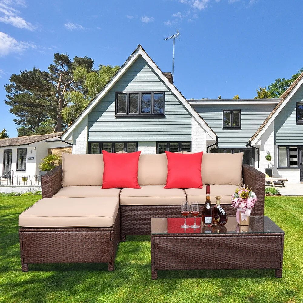 5Pcs Patio Furniture Set Rattan Sofa Hanging Legs 2 Corners 1 Sofa Without Armrests 1 Foot Drag 1 Rectangular Coffee Table Brown