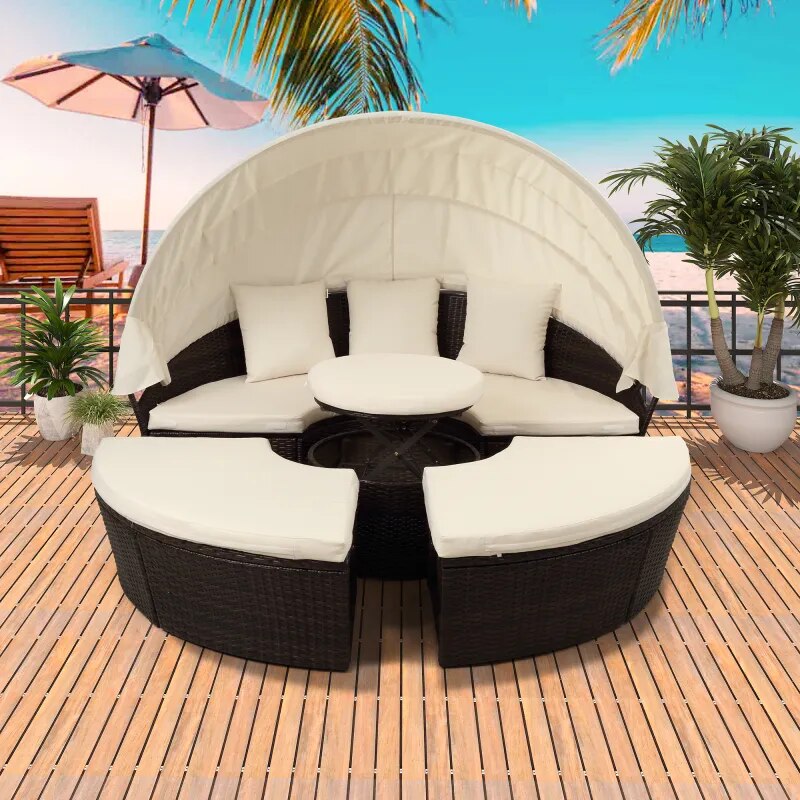 Patio Furniture Round Outdoor Sectional Sofa Set Rattan Daybed Sunbed with Retractable Canopy and Removable Cushion (Beige)