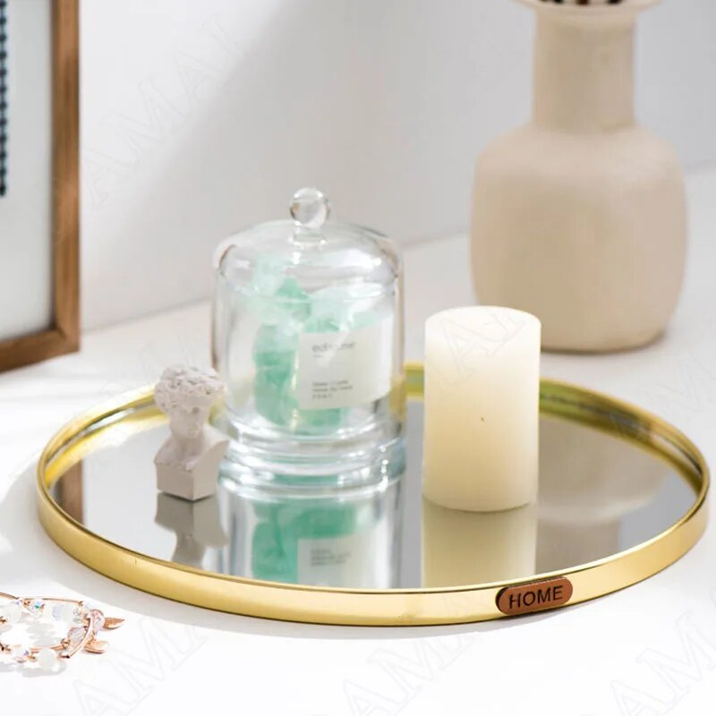 European Glass Mirror Storage Trays Gilded Metal Jewelry Organizer Living Room Desktop Aromatherapy Tray Home Decoration Modern