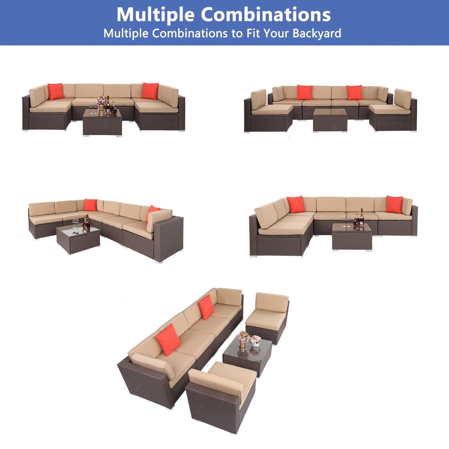 7Pcs Outdoor Patio Furniture Set 2 Corners 4 No Armrests Sofa 1 Square Coffee Table Dark Brown Pattern Rattan Khaki Cushion