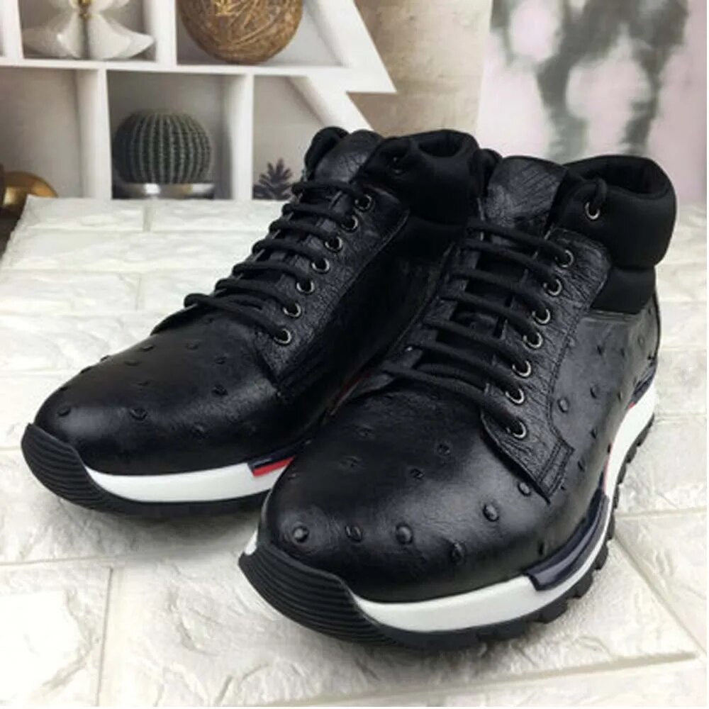 ousidun Autumn winter new ostrich skin men shoes men boots  men's casual leather shoes comfortable  lacing men boots hight cut