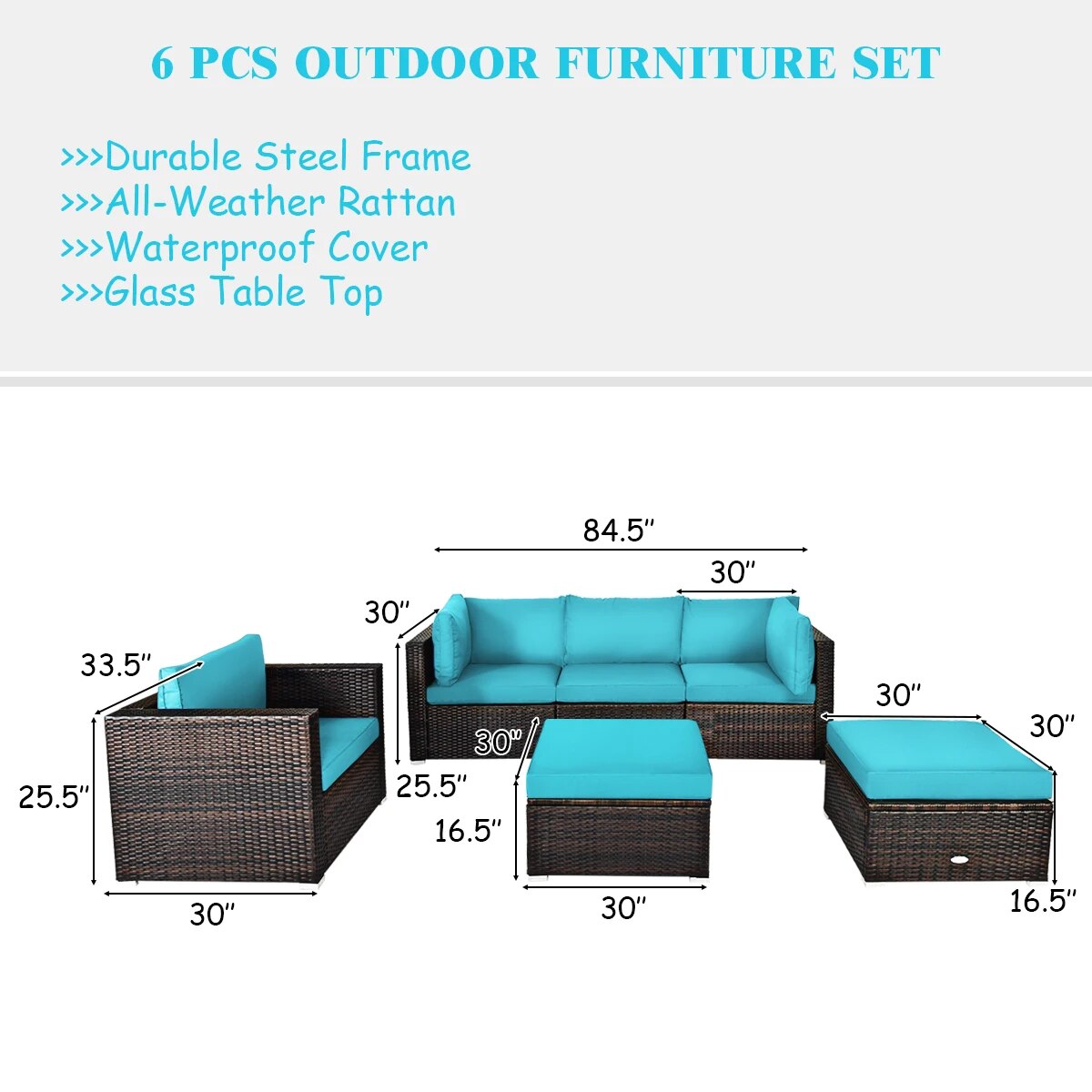 Patiojoy 6PCS Patio Rattan Furniture Set Cushion Sofa Coffee Table Ottoman HW63877