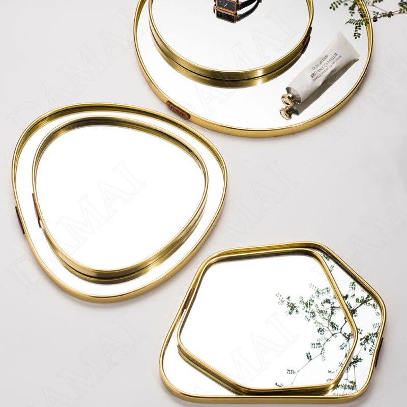 European Glass Mirror Storage Trays Gilded Metal Jewelry Organizer Living Room Desktop Aromatherapy Tray Home Decoration Modern